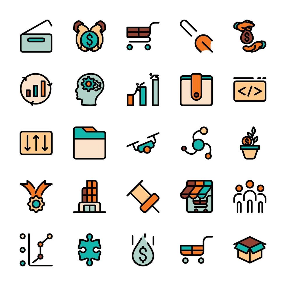 ícones de contorno de design de marketing de negócios com preenchimento de cor. vetor