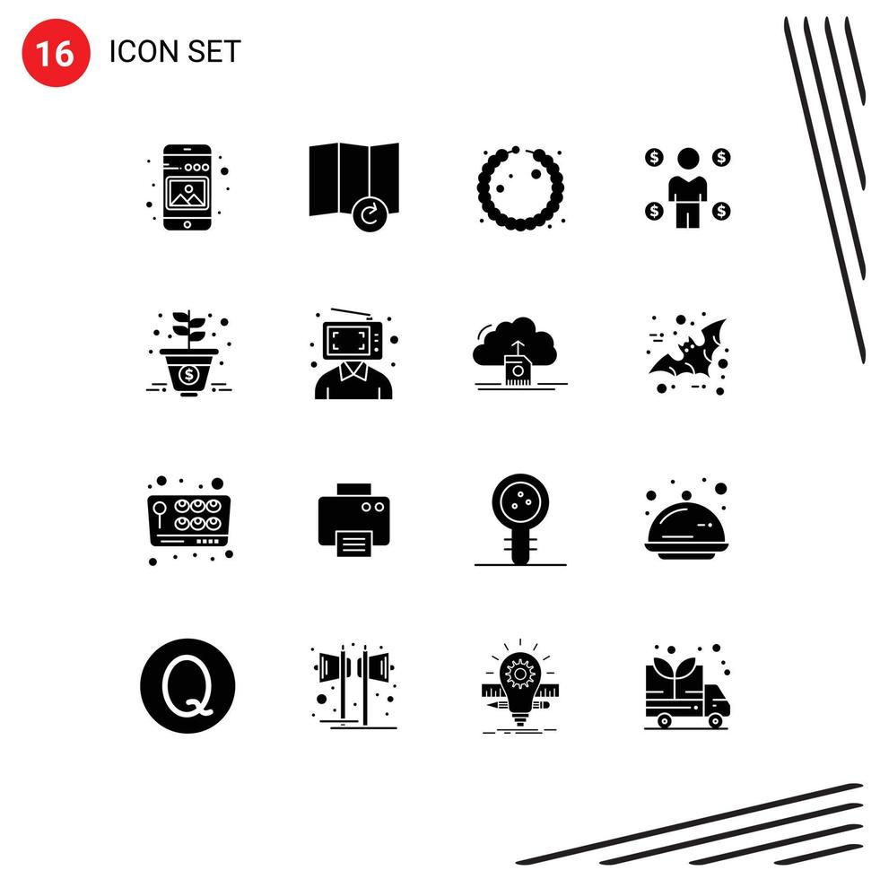 Móvel interface sólido glifo conjunto do 16 pictogramas do dinheiro crescimento joalheria crescimento moeda editável vetor Projeto elementos