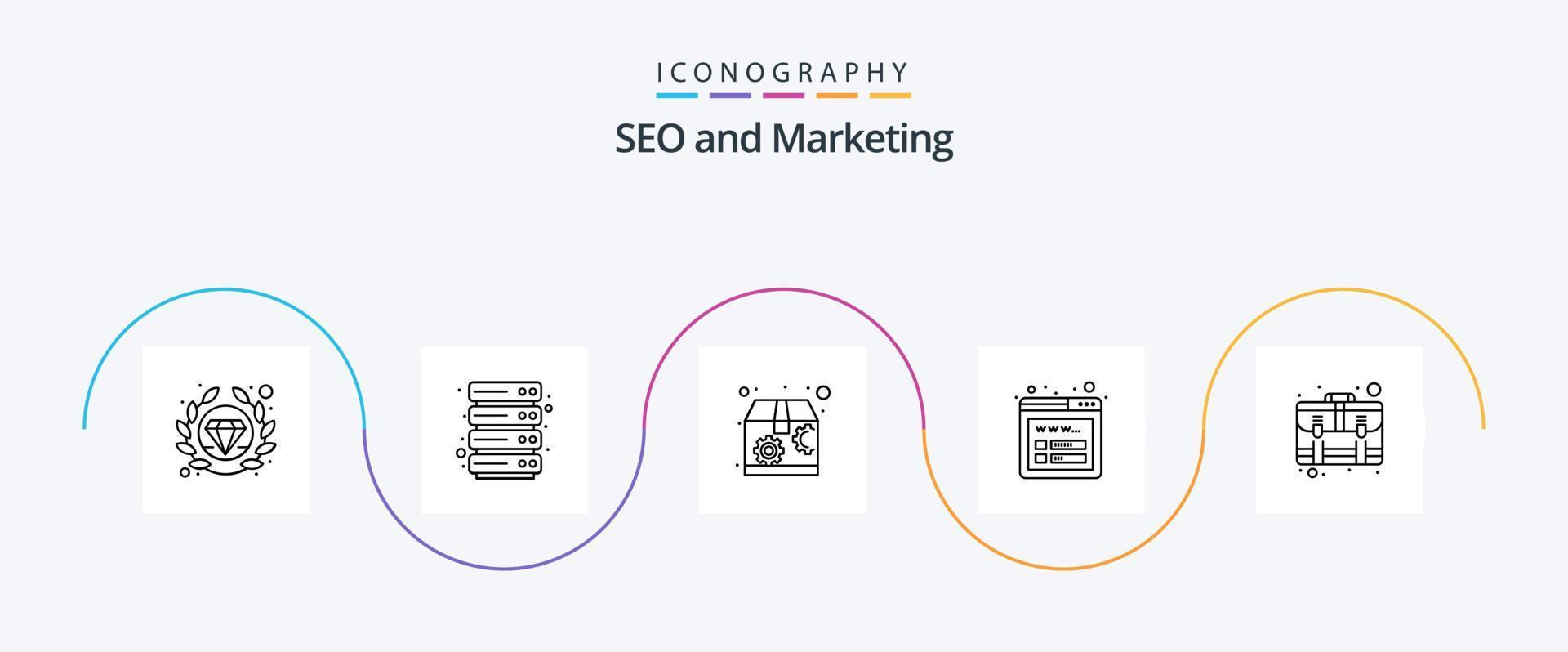 seo linha 5 ícone pacote Incluindo . mala. seo. caso. Serviços vetor