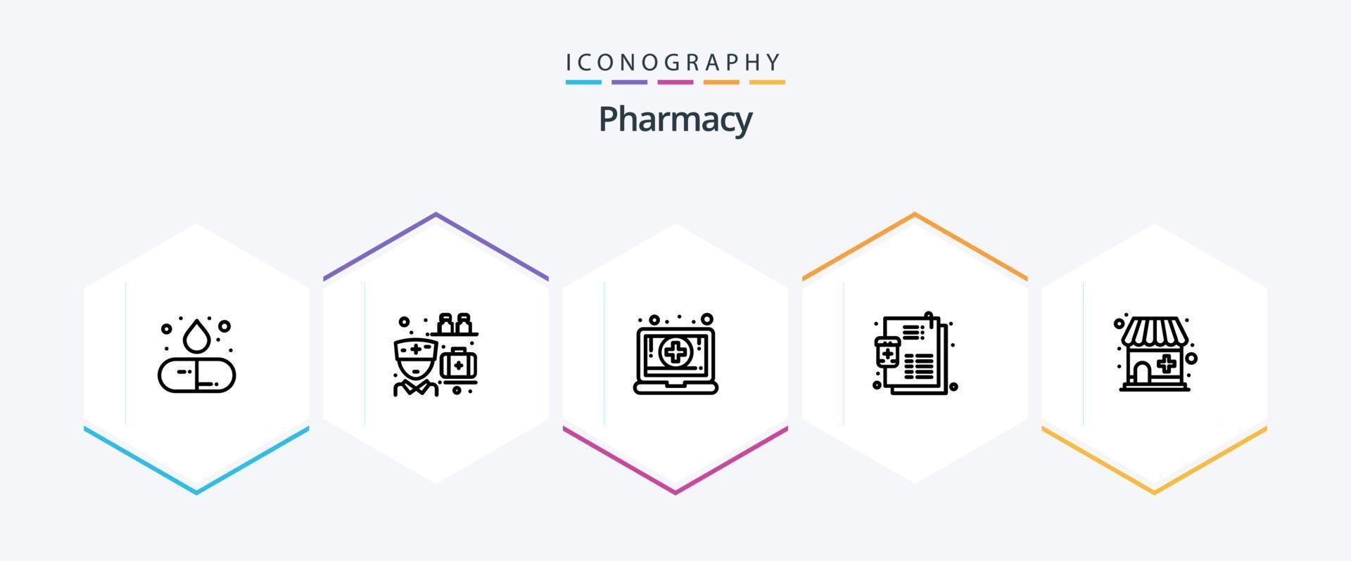 farmacia 25 linha ícone pacote Incluindo médico loja. receita. digital. remédio. doença vetor
