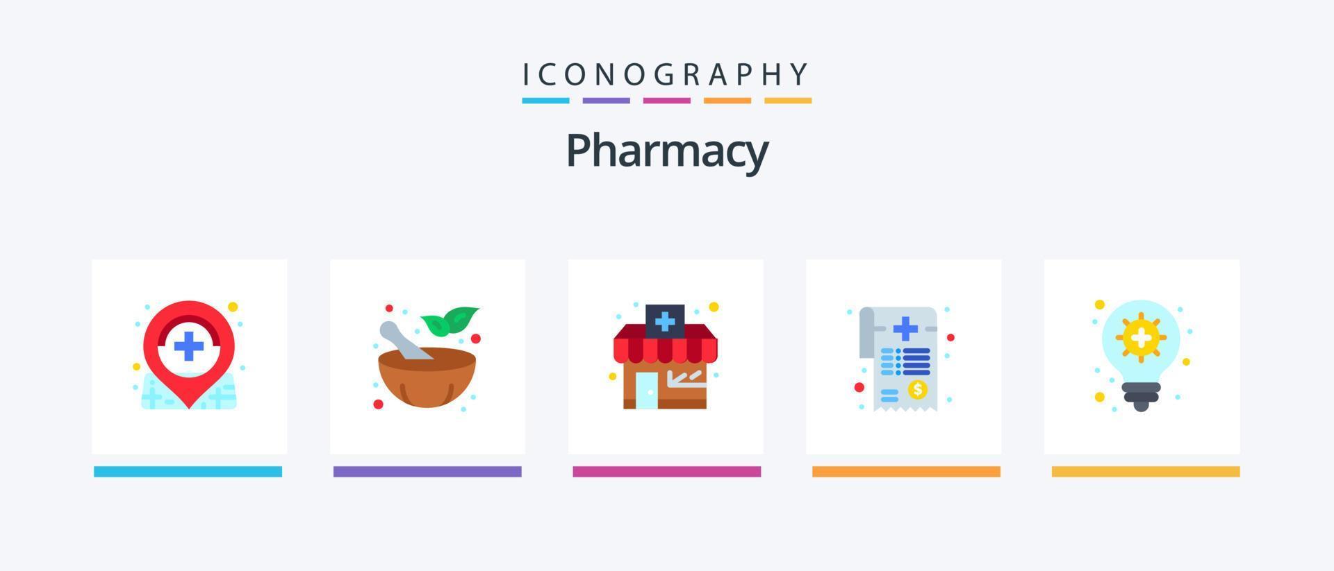 farmacia plano 5 ícone pacote Incluindo . luz lâmpada. Drogaria. inovação. médico conta. criativo ícones Projeto vetor