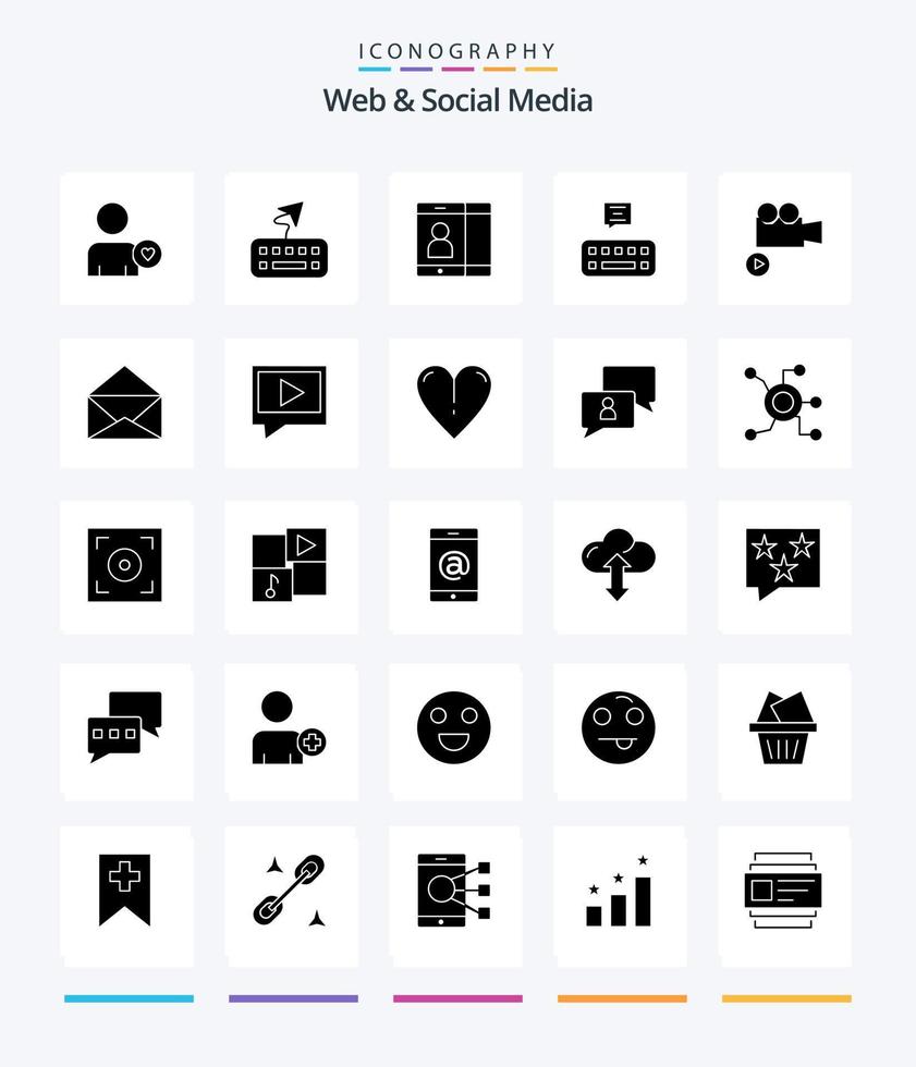 criativo rede e social meios de comunicação 25 glifo sólido Preto ícone pacote tal Como Câmera. correspondência.. bater papo. vetor