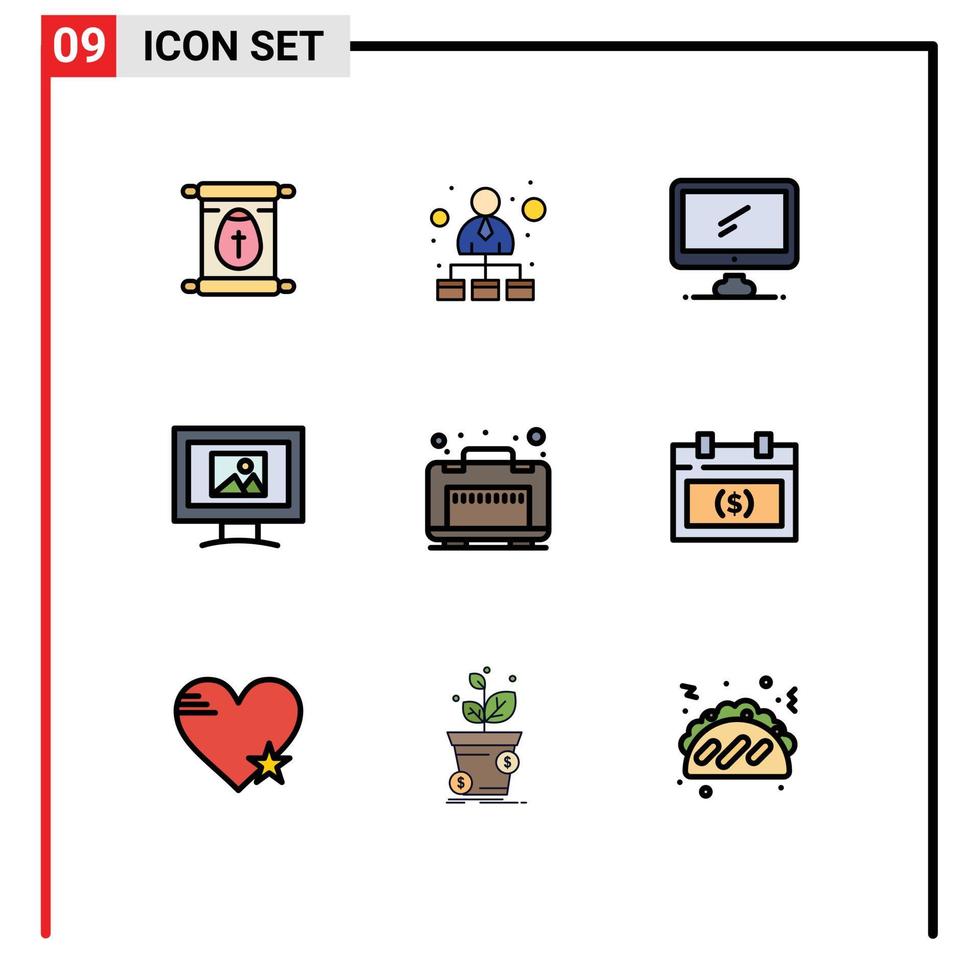 universal ícone símbolos grupo do 9 moderno linha preenchida plano cores do bagagem foto computador tela pc editável vetor Projeto elementos