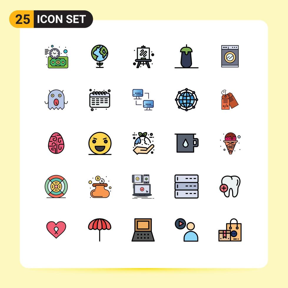 Móvel interface preenchidas linha plano cor conjunto do 25 pictogramas do lavando cozinha hobbies legumes Berinjela editável vetor Projeto elementos