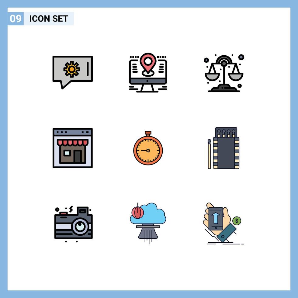 Móvel interface linha preenchida plano cor conjunto do 9 pictogramas do relógio fazer compras química página interface editável vetor Projeto elementos