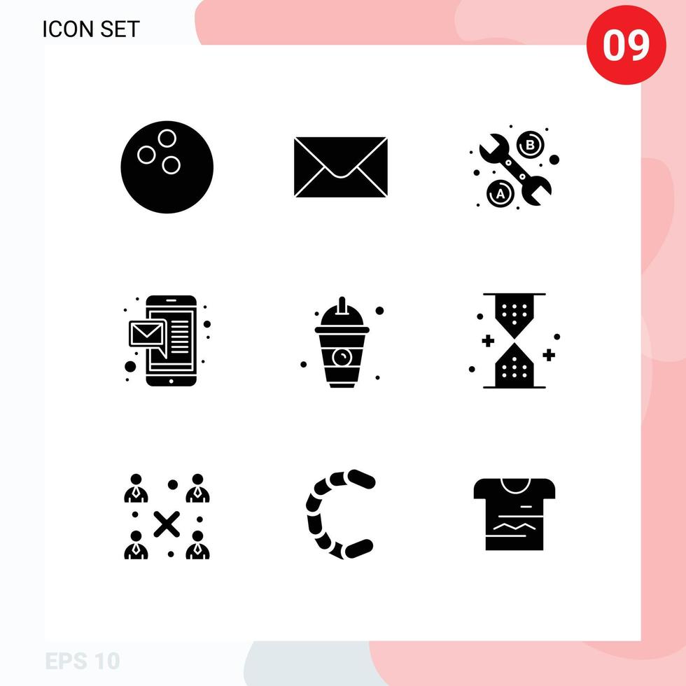 pacote do 9 moderno sólido glifos sinais e símbolos para rede impressão meios de comunicação tal Como cronômetro relógio o email suco beber editável vetor Projeto elementos