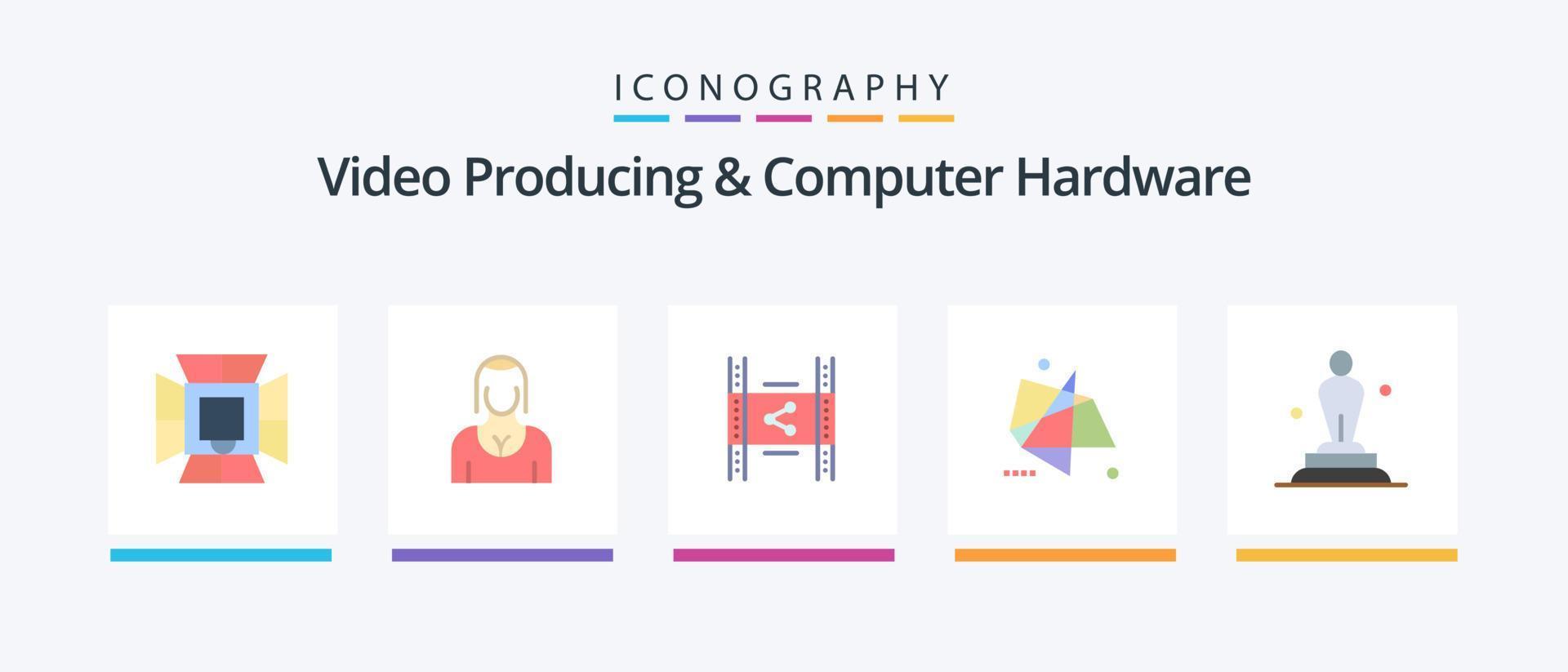 vídeo produzindo e computador hardware plano 5 ícone pacote Incluindo gráficos. abstrato. garota. compartilhar. filme. criativo ícones Projeto vetor