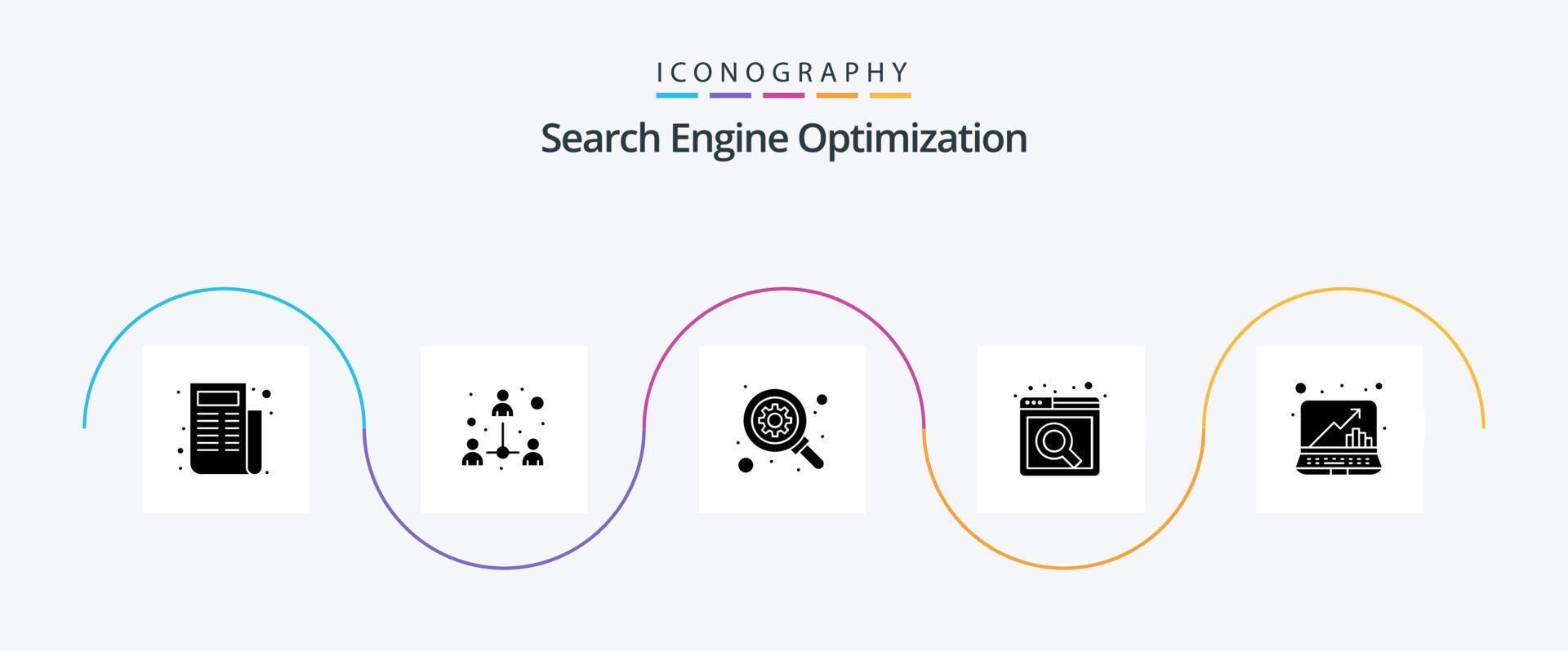 seo glifo 5 ícone pacote Incluindo . computador portátil. otimização. gráfico. local na rede Internet vetor