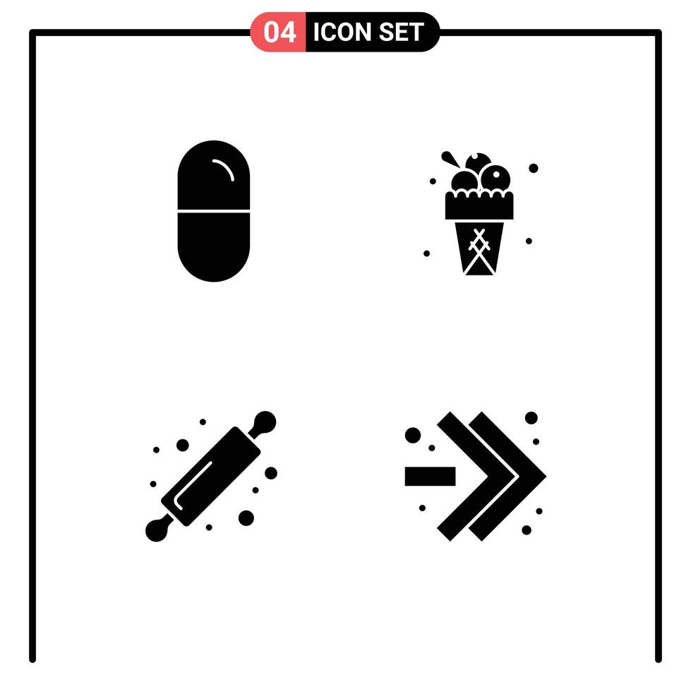 pictograma conjunto do 4 simples sólido glifos do narcótico cozimento comprimidos doce pão rolando PIN editável vetor Projeto elementos