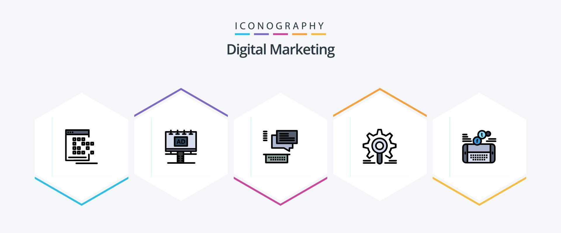 digital marketing 25 linha preenchida ícone pacote Incluindo pesquisar. engrenagem. Painel publicitário. motor. conversando vetor