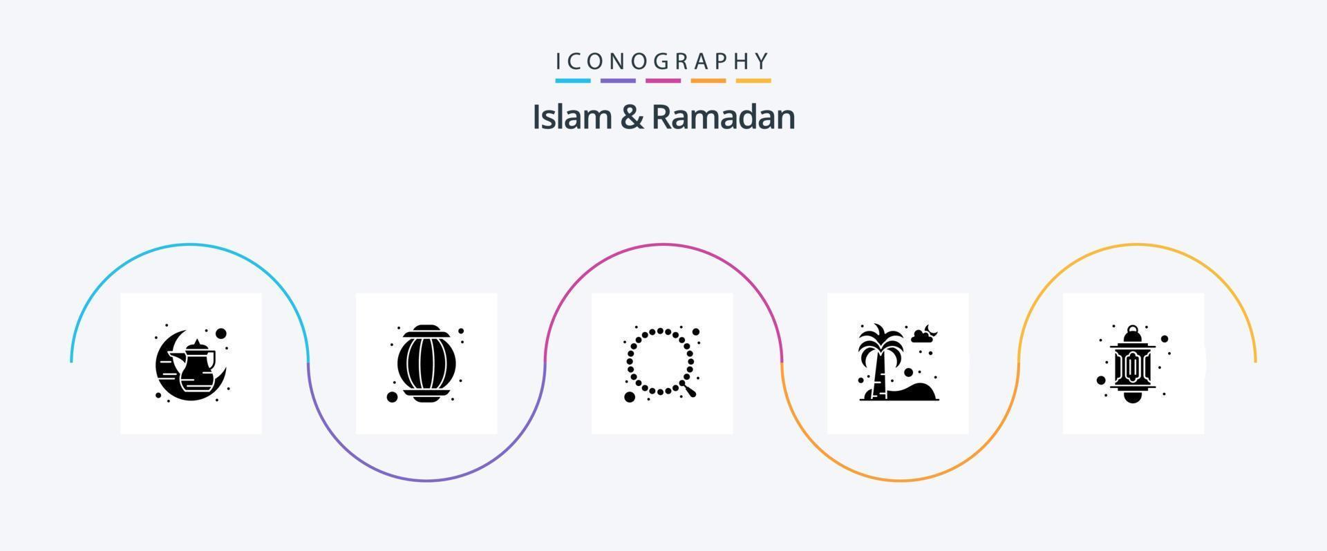 islamismo e Ramadã glifo 5 ícone pacote Incluindo claro. pinho árvore. muçulmano. Palma. datas vetor