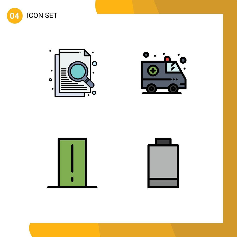 Móvel interface linha preenchida plano cor conjunto do 4 pictogramas do documento gadget ambulância biologia metro bateria editável vetor Projeto elementos