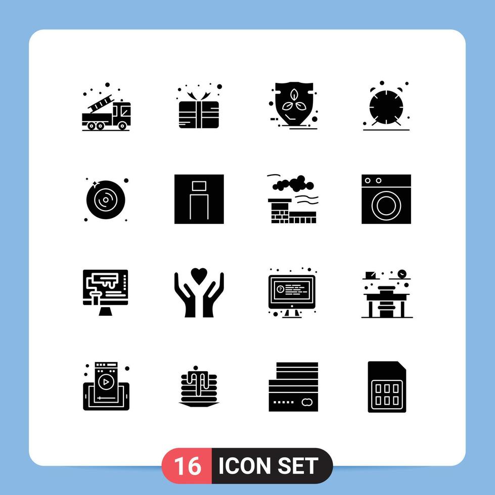 Móvel interface sólido glifo conjunto do 16 pictogramas do disco Tempo prêmio relógio escudo editável vetor Projeto elementos