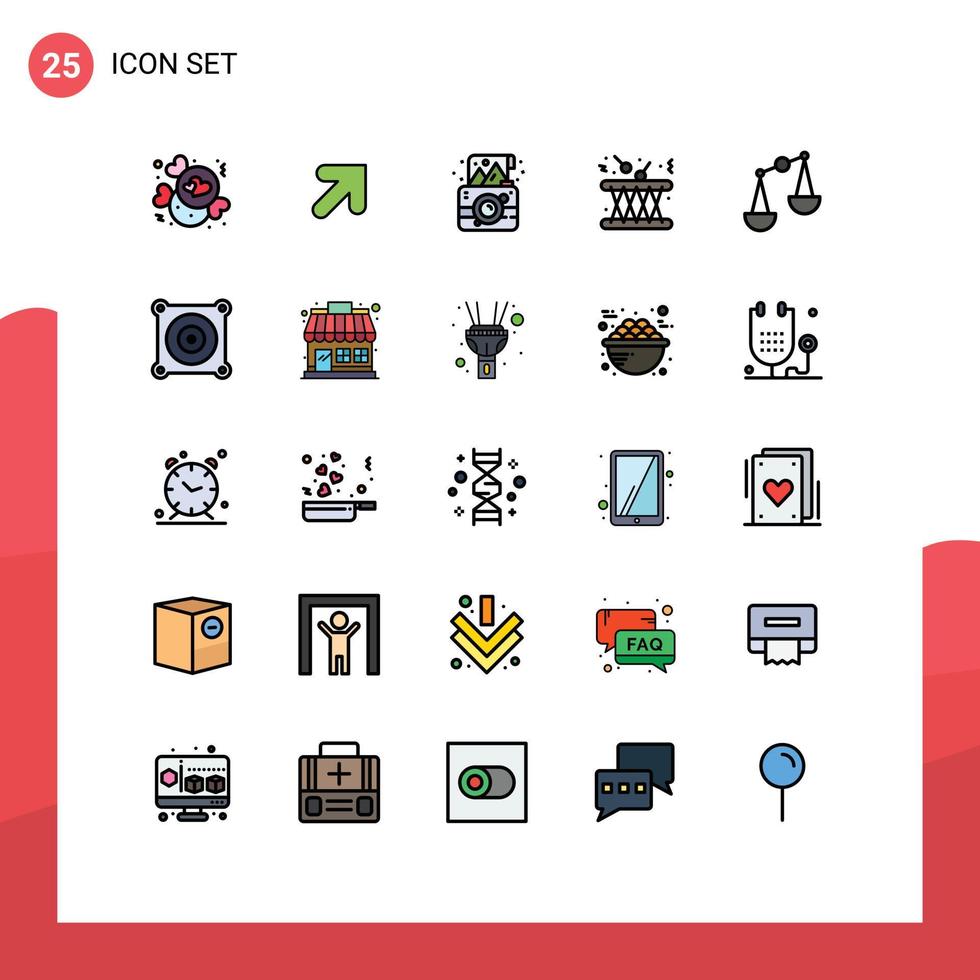 grupo do 25 moderno preenchidas linha plano cores conjunto para Saldo instrumento Câmera multimídia tambor editável vetor Projeto elementos