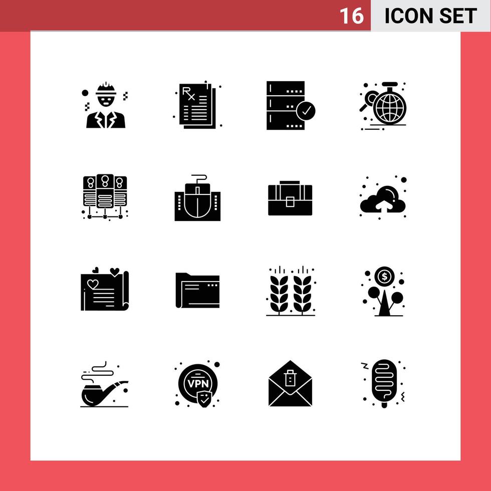 moderno conjunto do 16 sólido glifos e símbolos tal Como base de dados servidor globo cópia de segurança dados análise editável vetor Projeto elementos