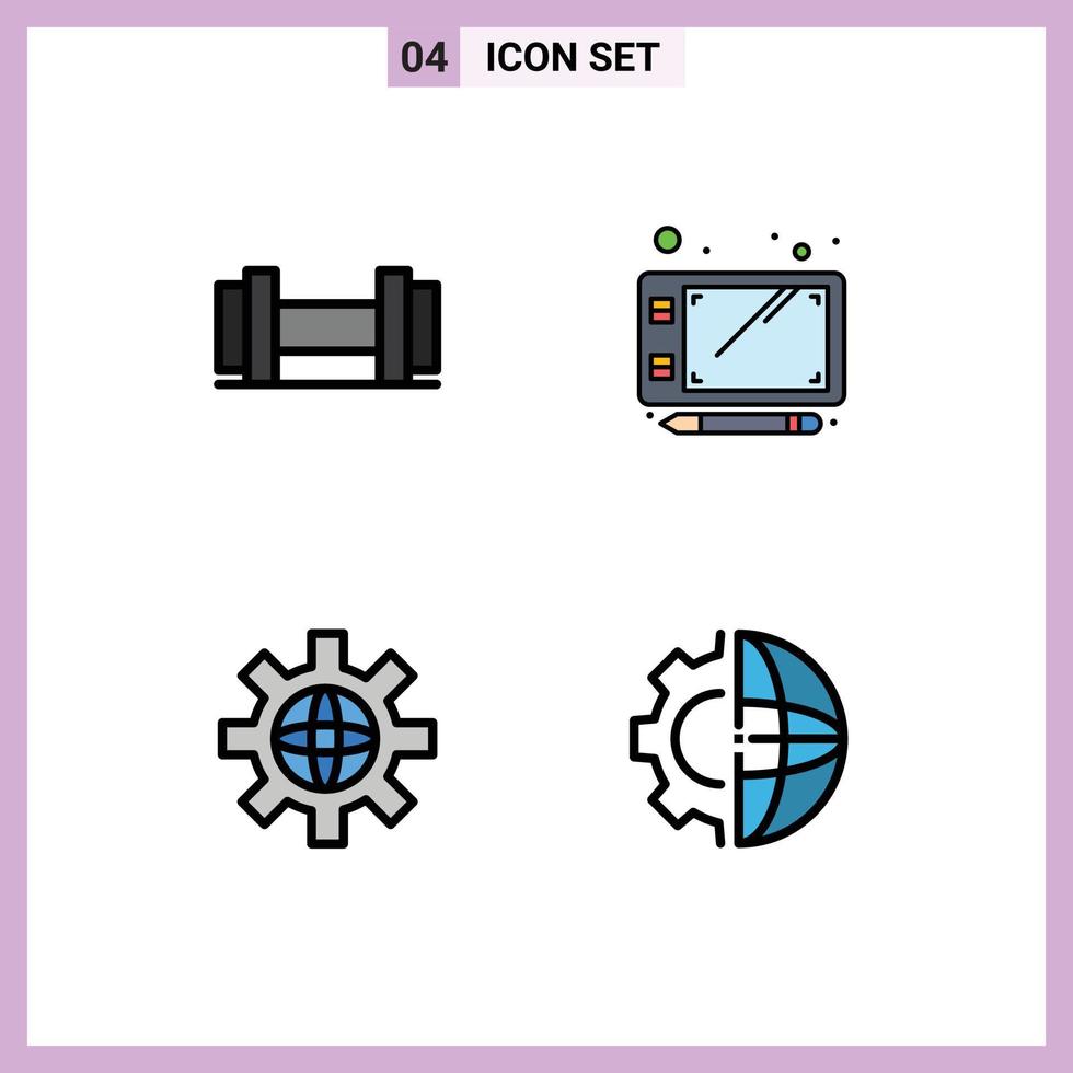 pictograma conjunto do 4 simples linha preenchida plano cores do halteres desenvolvimento esboço globo internacional editável vetor Projeto elementos