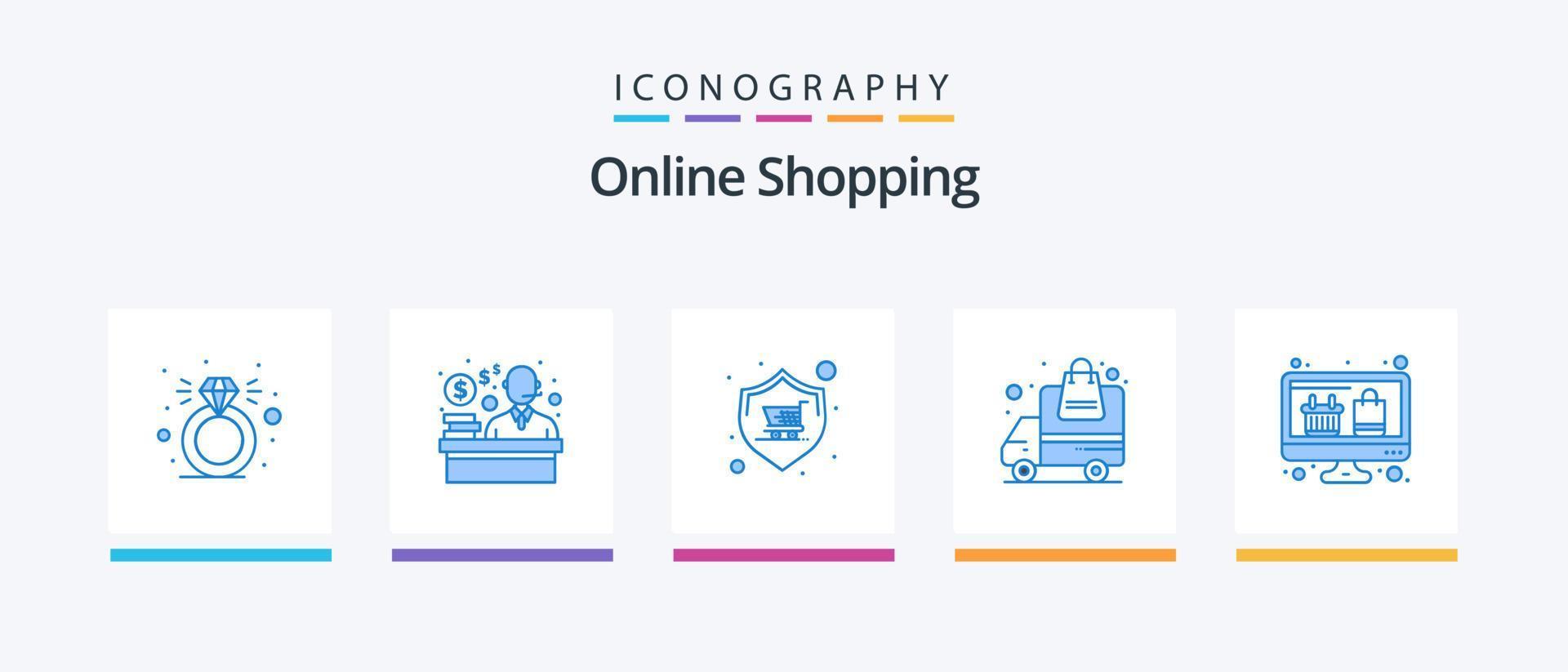 conectados compras azul 5 ícone pacote Incluindo monitor. computador. compras. ordem. transporte. criativo ícones Projeto vetor