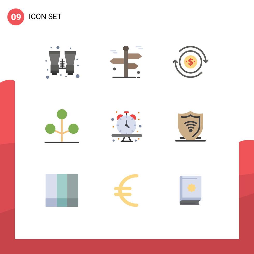 Móvel interface plano cor conjunto do 9 pictogramas do relógio natureza viagem jardim dólar editável vetor Projeto elementos