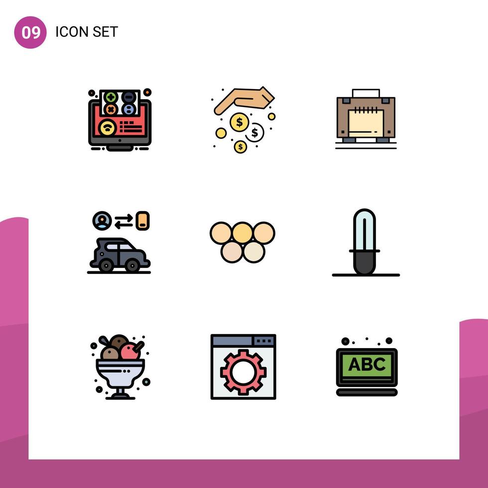 Móvel interface linha preenchida plano cor conjunto do 9 pictogramas do tecnologia transporte dinheiro carro mala de viagem editável vetor Projeto elementos