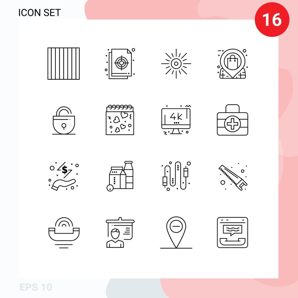 16 do utilizador interface esboço pacote do moderno sinais e símbolos do loja PIN Sol mercado clima editável vetor Projeto elementos