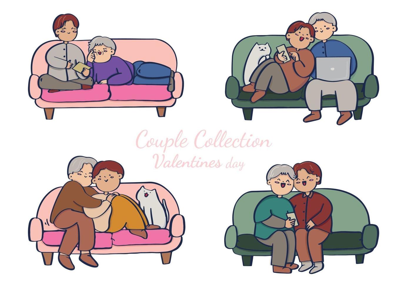 coleção de casal no sofá, casal romântico isolado no fundo branco. ilustração vetorial no estilo cartoon plana. vetor