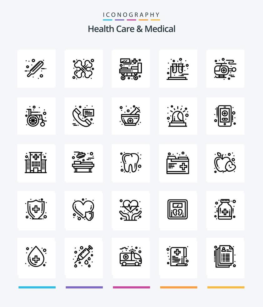 criativo saúde Cuidado e médico 25 esboço ícone pacote tal Como hospital. ambulância. cama. tubos. química vetor