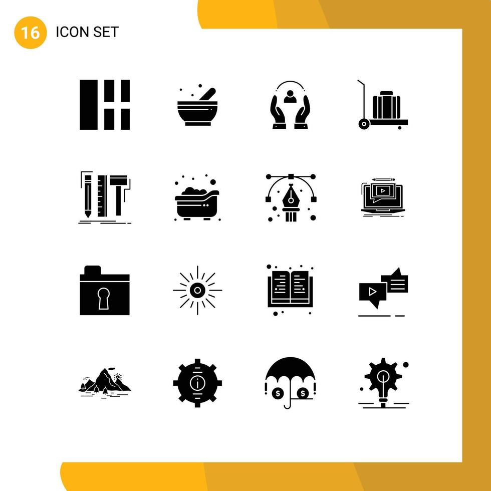 Móvel interface sólido glifo conjunto do 16 pictogramas do Ferramentas desenhador carinhoso Projeto Bagagem editável vetor Projeto elementos
