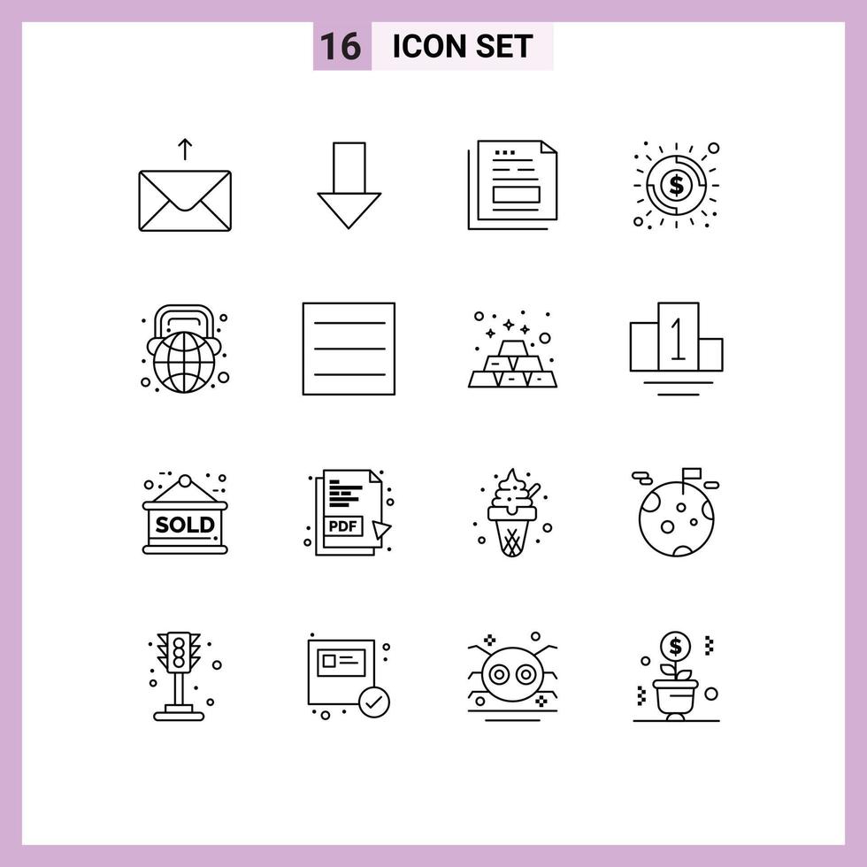 Móvel interface esboço conjunto do 16 pictogramas do globo brilho documento dinheiro bancário editável vetor Projeto elementos
