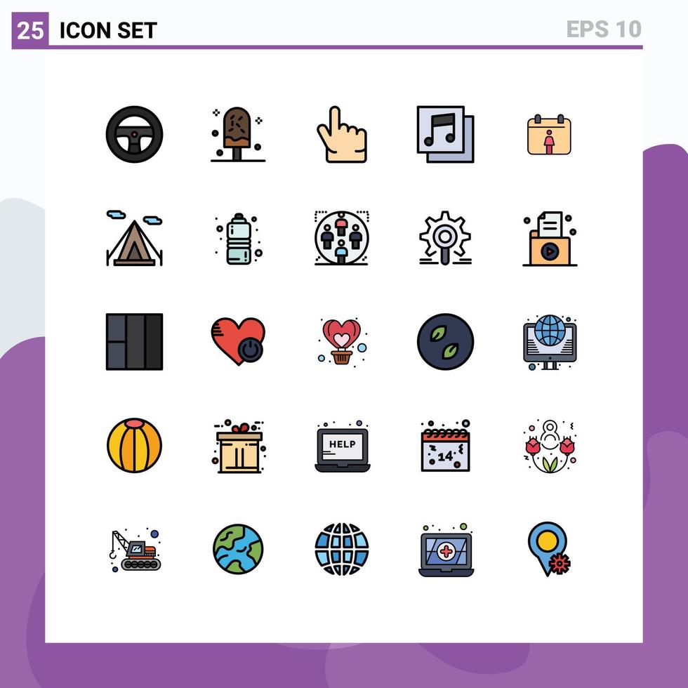moderno conjunto do 25 preenchidas linha plano cores e símbolos tal Como acampamento fêmea dedo calendário meios de comunicação editável vetor Projeto elementos