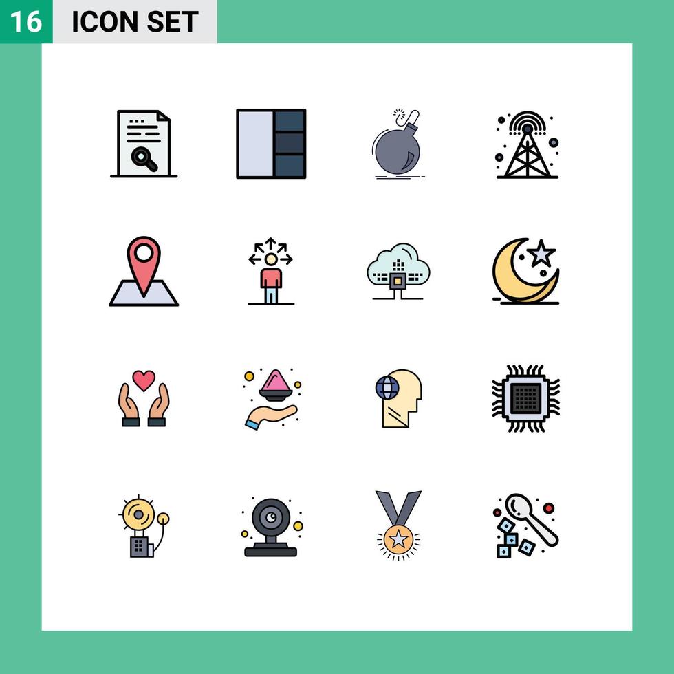 Móvel interface plano cor preenchidas linha conjunto do 16 pictogramas do localização torre estrondo rádio transmissão editável criativo vetor Projeto elementos