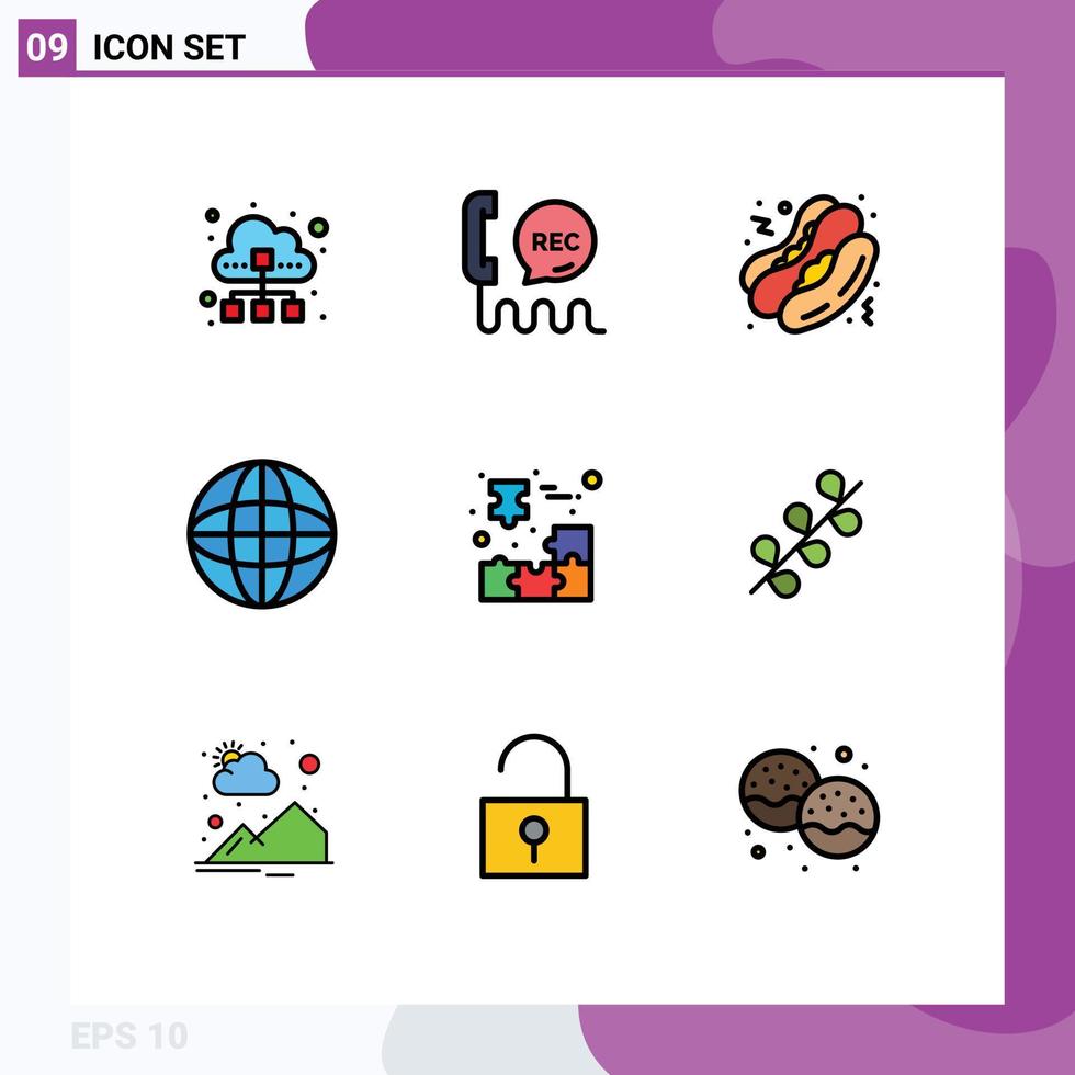 Móvel interface linha preenchida plano cor conjunto do 9 pictogramas do globo terra contato dispositivos velozes Comida editável vetor Projeto elementos