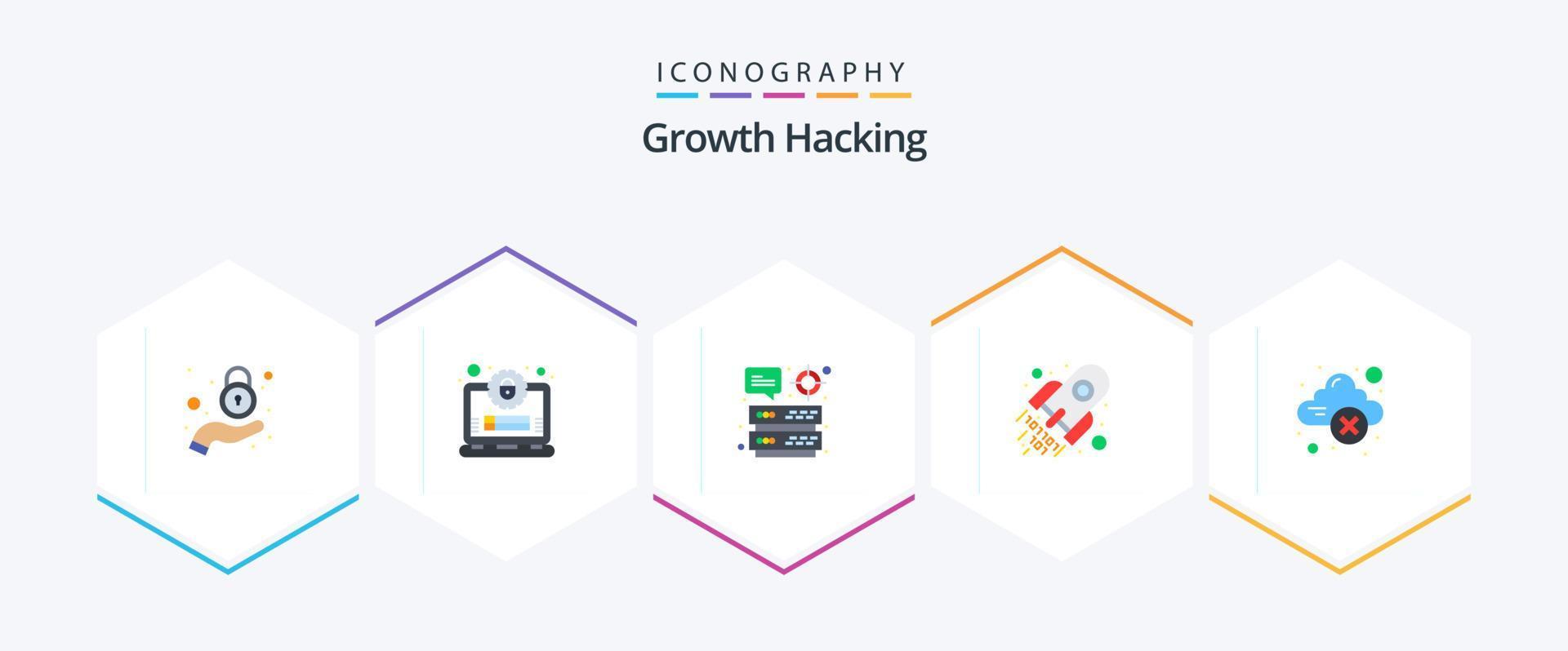 hacking 25 plano ícone pacote Incluindo nuvem armazenar. espaço. Centro de dados. foguete. código vetor
