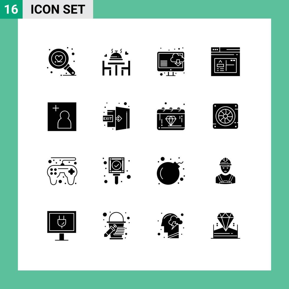 16 sólido glifo conceito para sites Móvel e apps porta adicionar computador Câmera página editável vetor Projeto elementos