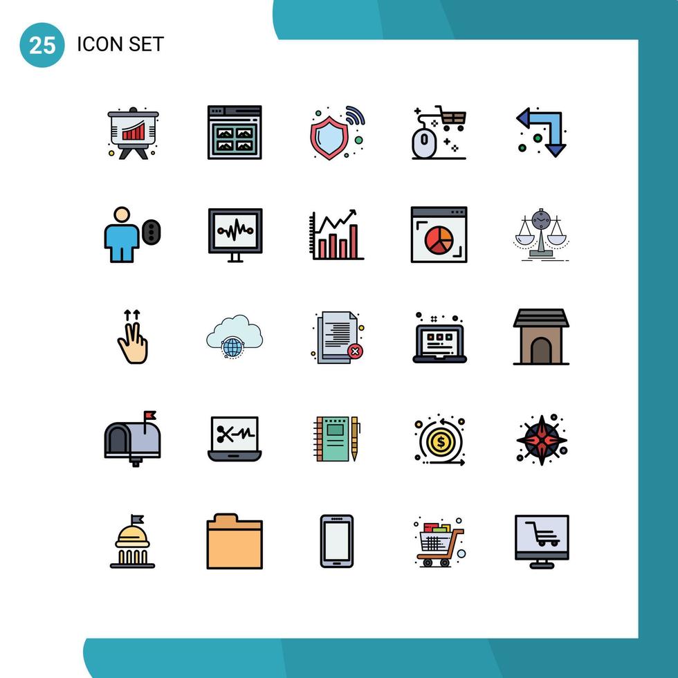 grupo do 25 moderno preenchidas linha plano cores conjunto para seta conectados firewall rato cesta editável vetor Projeto elementos