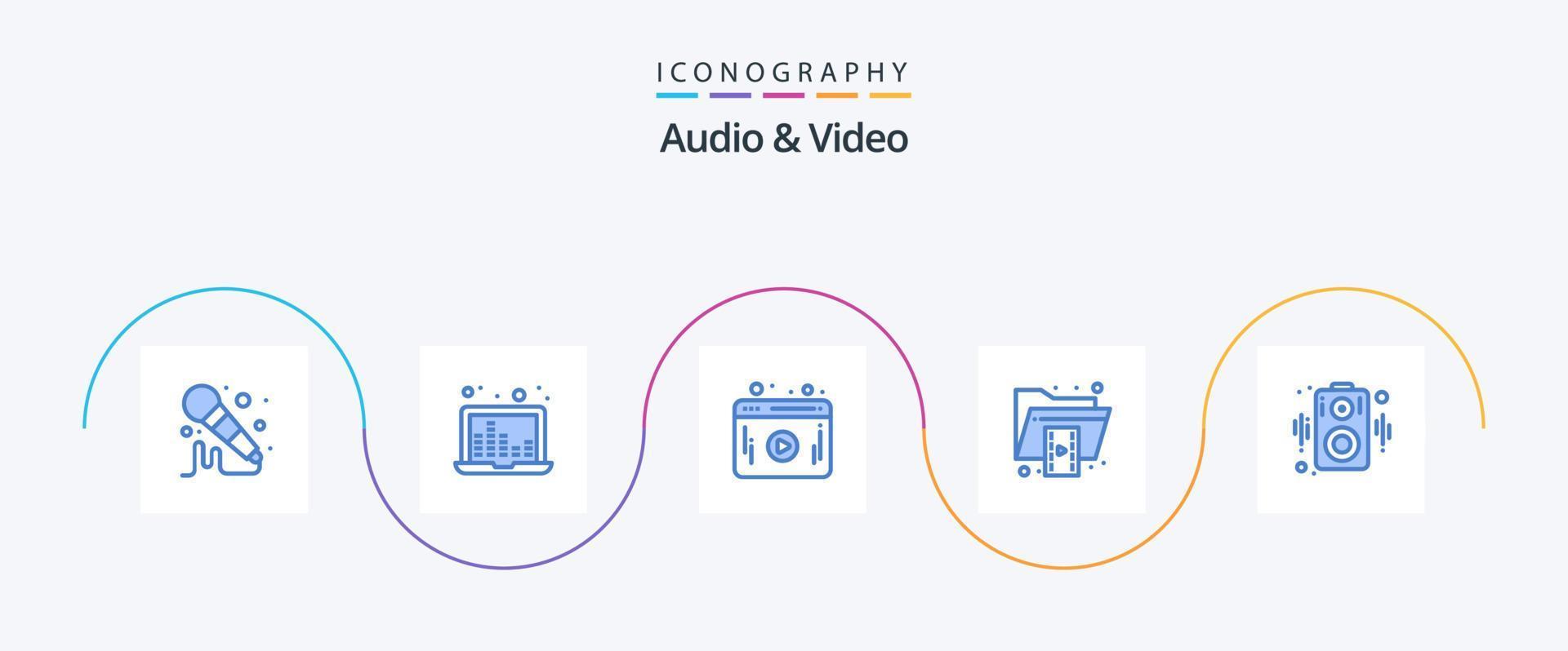 audio e vídeo azul 5 ícone pacote Incluindo palestrante. áudio. rede. vídeo. pasta vetor