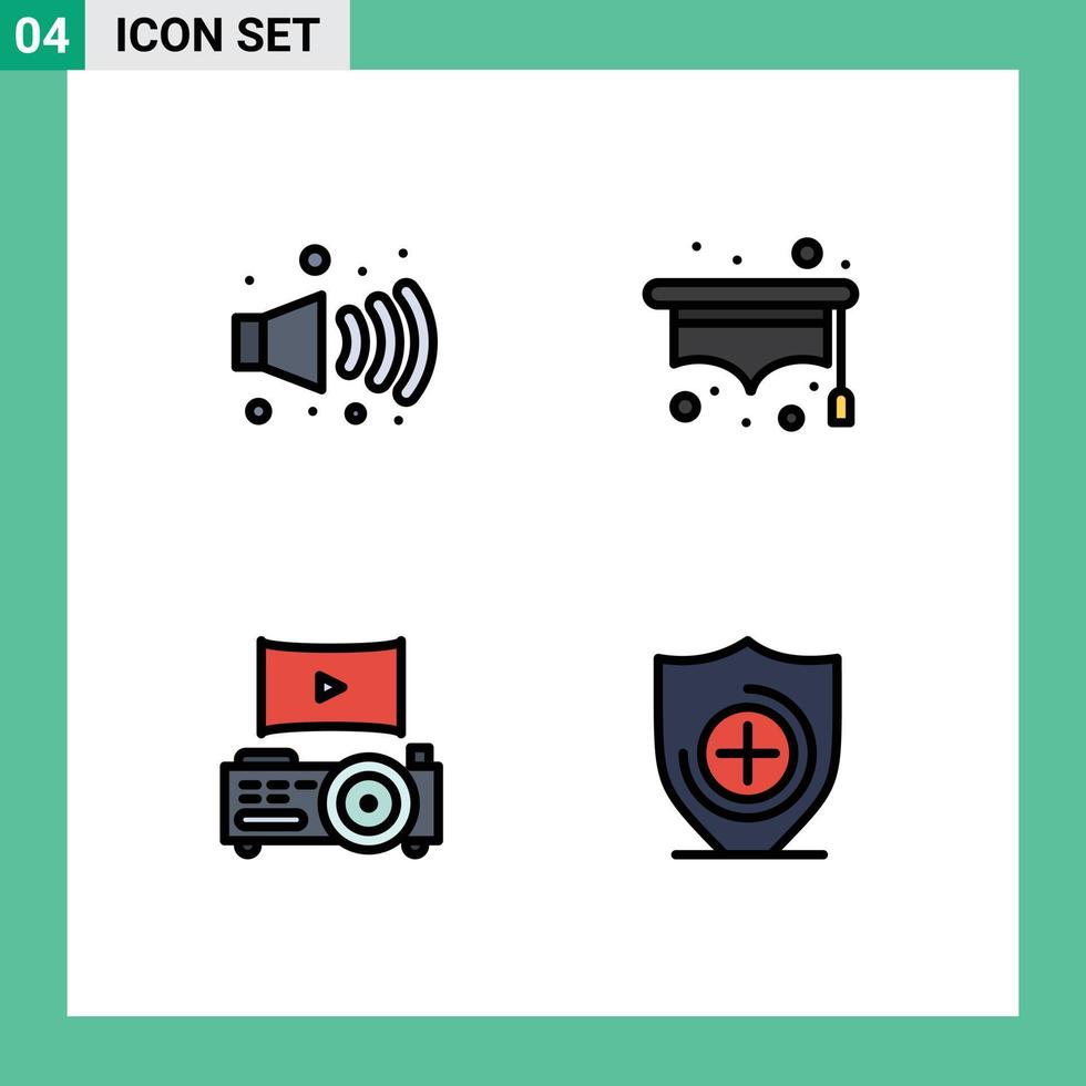 Móvel interface linha preenchida plano cor conjunto do 4 pictogramas do gás médico chapéu cinema escudo editável vetor Projeto elementos
