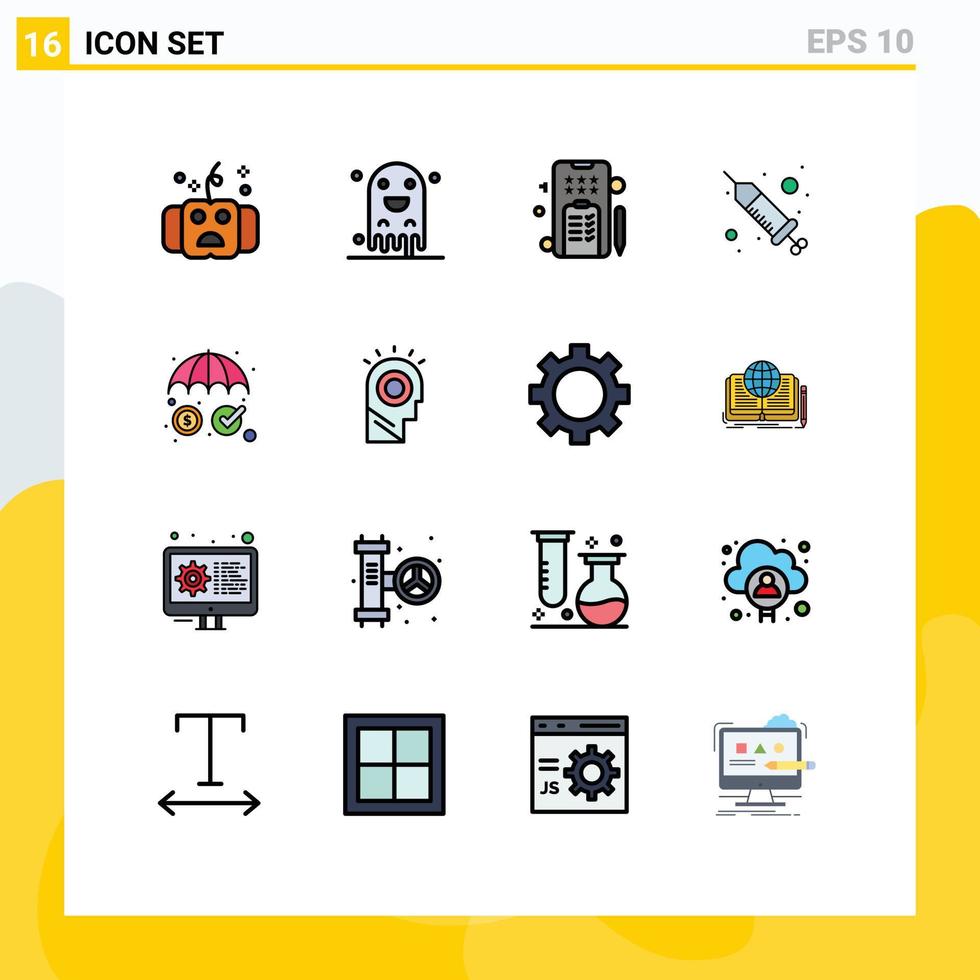 grupo do 16 plano cor preenchidas linhas sinais e símbolos para seguro procedimento assustador injeção telefone editável criativo vetor Projeto elementos