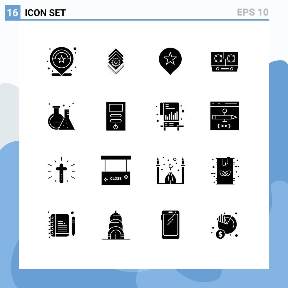 Móvel interface sólido glifo conjunto do 16 pictogramas do laboratório cozinhando servidor cozinha fogão editável vetor Projeto elementos