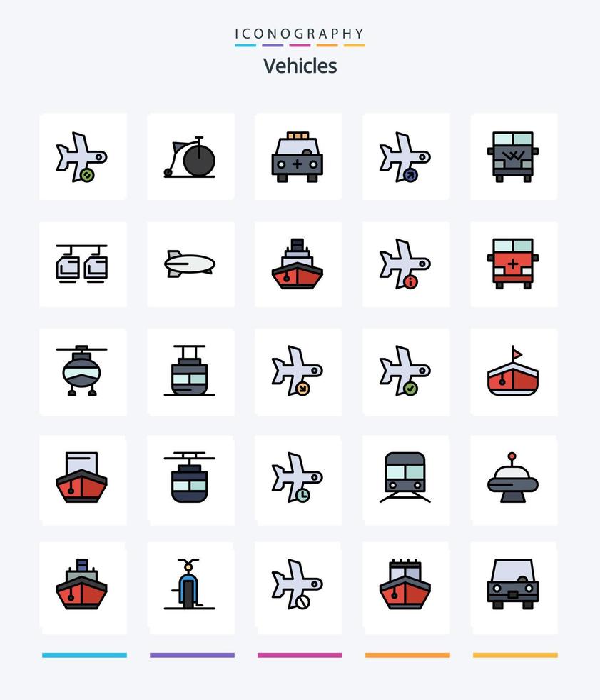 criativo veículos 25 linha preenchidas ícone pacote tal Como pegar. desligado. roda. voo. transporte vetor