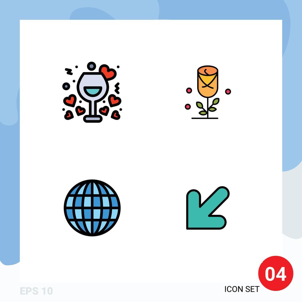 Móvel interface linha preenchida plano cor conjunto do 4 pictogramas do encontro globo romântico amor rede editável vetor Projeto elementos