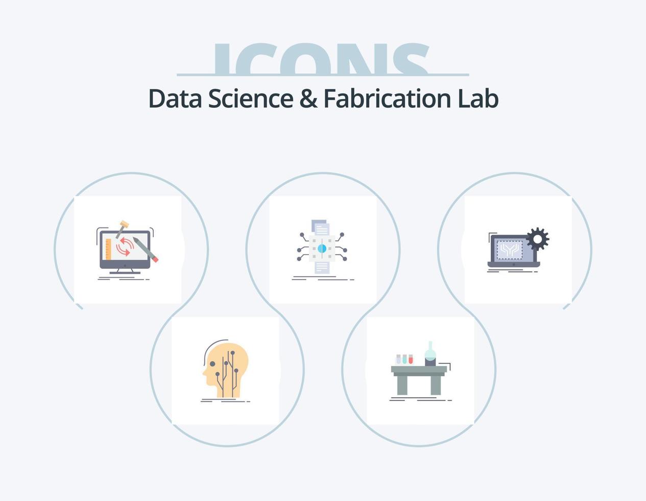 dados Ciência e fabricação laboratório plano ícone pacote 5 ícone Projeto. dado. análise. laboratório. em processamento. Ferramentas vetor