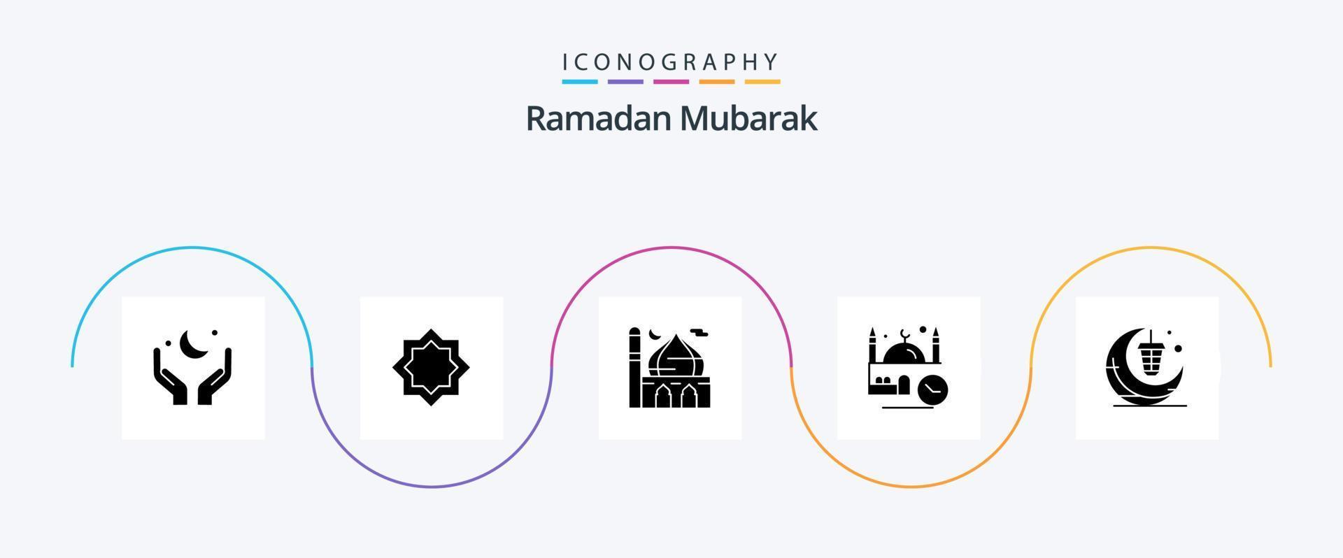 Ramadã glifo 5 ícone pacote Incluindo masjid. tempo. estrela. rezar. islamismo vetor