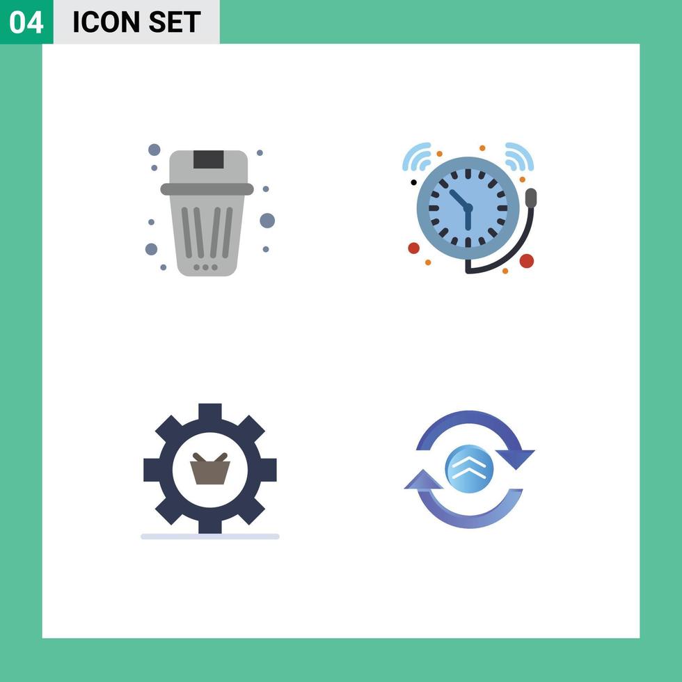 Móvel interface plano ícone conjunto do 4 pictogramas do cesta Assistir lixo Sino configuração editável vetor Projeto elementos