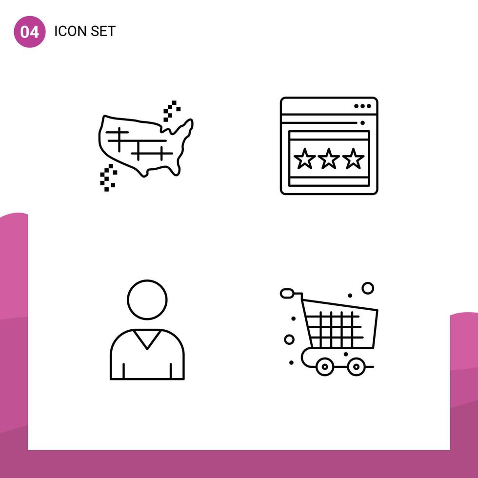 grupo do 4 linha preenchida plano cores sinais e símbolos para EUA interface estados rede carrinho editável vetor Projeto elementos