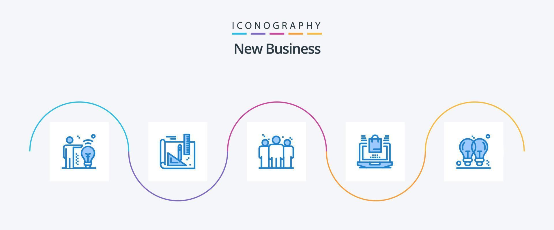 Novo o negócio azul 5 ícone pacote Incluindo claro. lâmpada. treinador. compras. computador portátil vetor