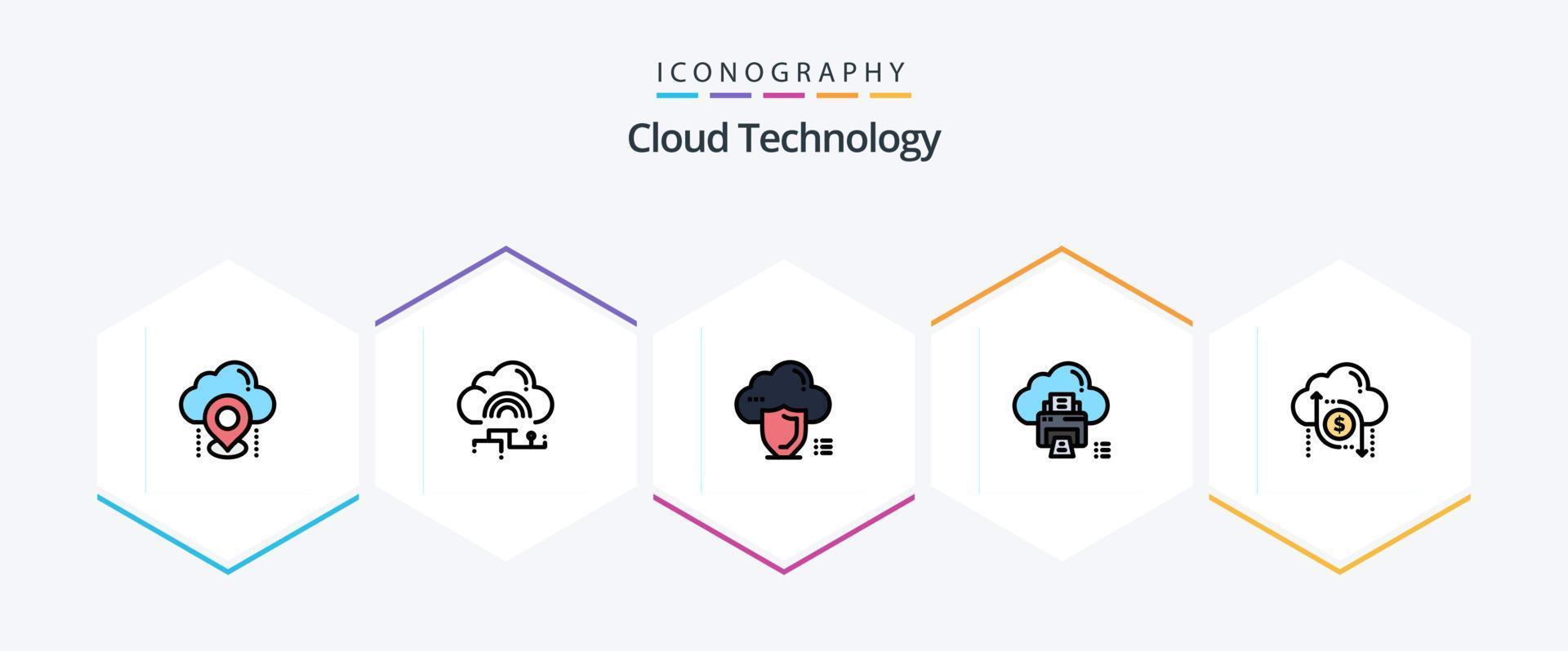 nuvem tecnologia 25 linha preenchida ícone pacote Incluindo imprimir. nuvem. conectar. proteção. escudo vetor