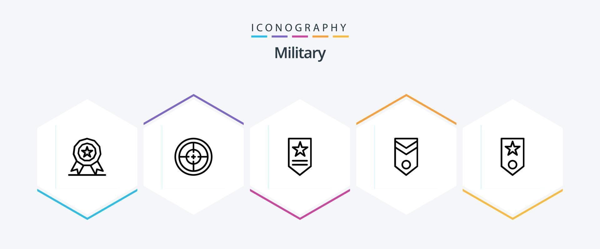 militares 25 linha ícone pacote Incluindo militares. listras. insígnia. classificação. militares vetor