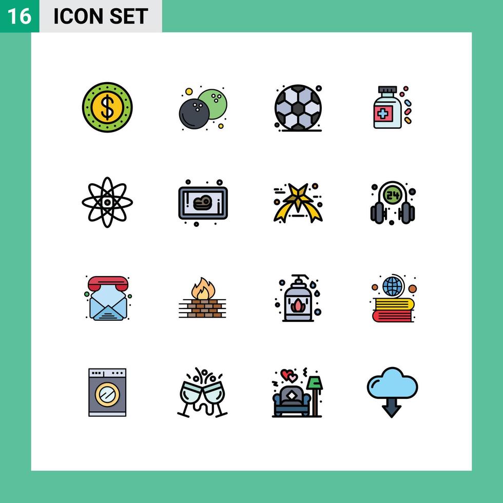 Móvel interface plano cor preenchidas linha conjunto do 16 pictogramas do bife carne futebol Ciência átomo editável criativo vetor Projeto elementos