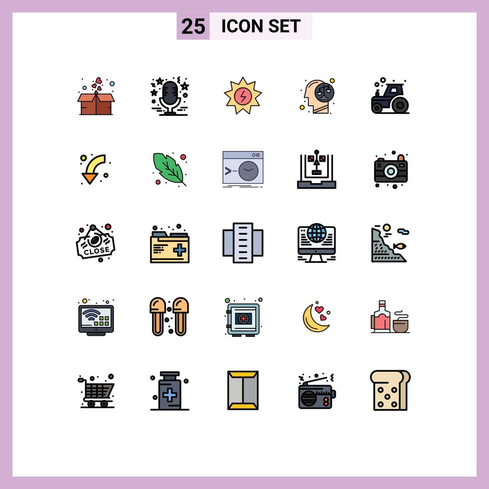 Móvel interface preenchidas linha plano cor conjunto do 25 pictogramas do mente cabeça música decisão poder editável vetor Projeto elementos