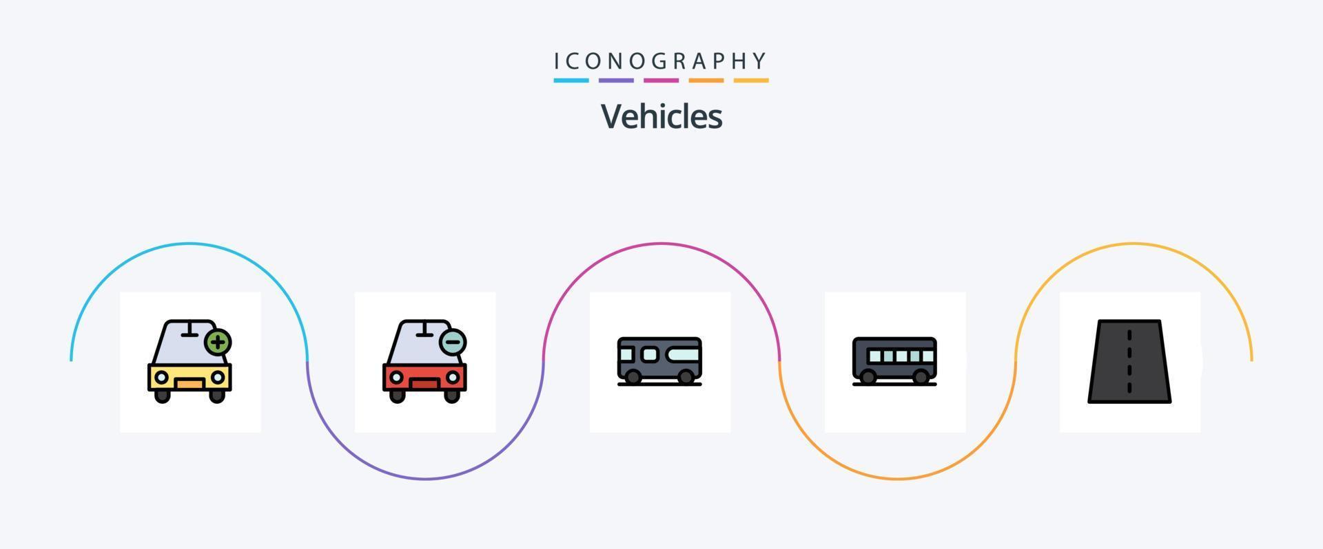 veículos linha preenchidas plano 5 ícone pacote Incluindo ponte. transporte. menos. ônibus. furgão vetor